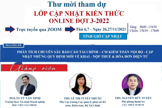 Thư mời tham dự lớp CNKT Online Đợt 3-2022 ngày 26,27/11/2021